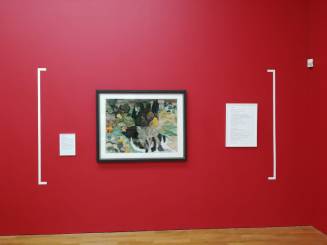 a bright red gallery wall with a vibrant painting of a landscape to the centre and my poem beside it