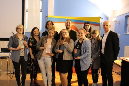 a group of young people collecting awards along with me, Rowan McCabe and Barry Hyde.