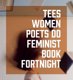 image description: Graphic of woman throwing back hair with overlayed text reading Tees Women Poets Do Feminist Book Fortnight