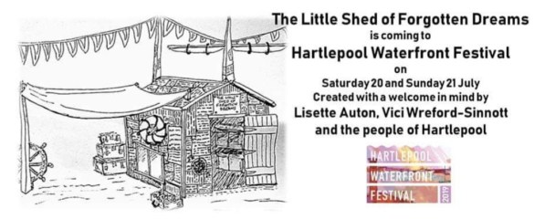 A drawing of a shed covered in words, info about event all written in the event listing