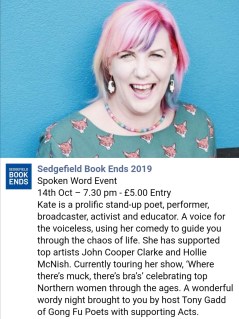 Photo of Kate Fox with details of the event - all of which can be found under this photo in a much easier to read format