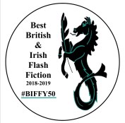 A horse with a mermaid's tail holds a quill. Text reads: Best British & Irish Flash Fiction 2018-2019 #BIFFY50