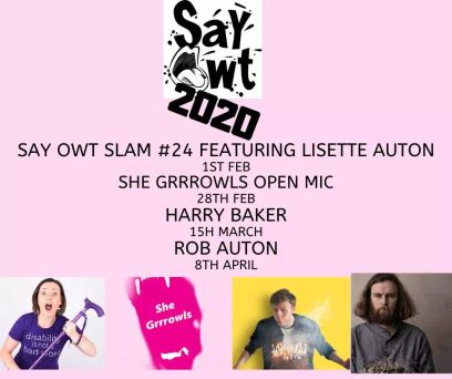 Pink background. Four photos inc one of me. Dates for gigs as in text.