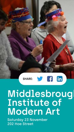 Photo of older people in hats with kazoos, with address of venue as in text below.