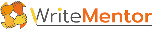 photo description: A logo. 4 cartoon hands grasp each other. Text reads Write Mentor. Part of the W is made from a yellow pencil.