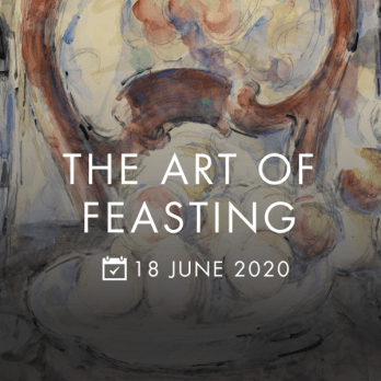 photo description: Cezanne’s painting ‘Apples, bottle and chairback’ is the backdrop, on which is written The Art of Feasting 18 June 2020