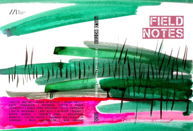 the cover for FIELD NOTES illustrated by Katherina Radeva in stunning green and pink brush strokes with the names of all the contributing writers.