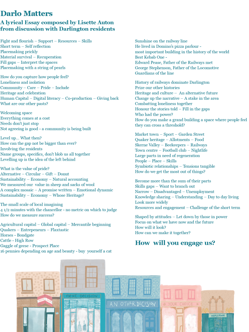 image description: an illustrated text of the poem, you can find the transcript and audio on the website. There are illustrated colourful shop fronts at the bottom