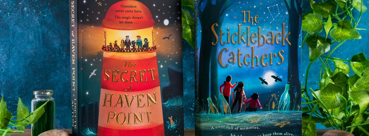 The Secret of Haven Point book and The Stickleback Catchers book with pebbles and jars around them